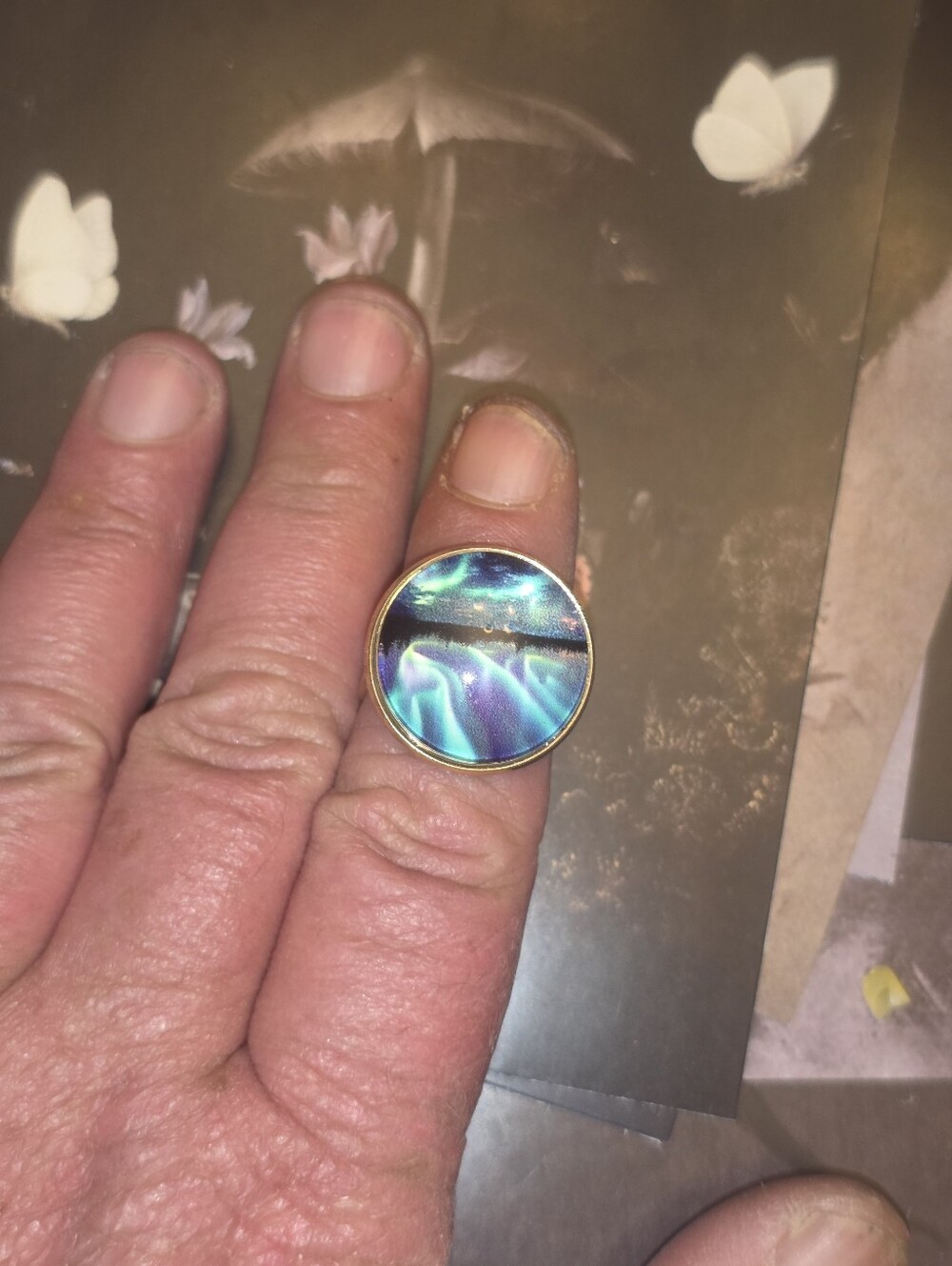 Northern Lights Glass Cabochon In Silver Tone Frame, Adjustable Ring